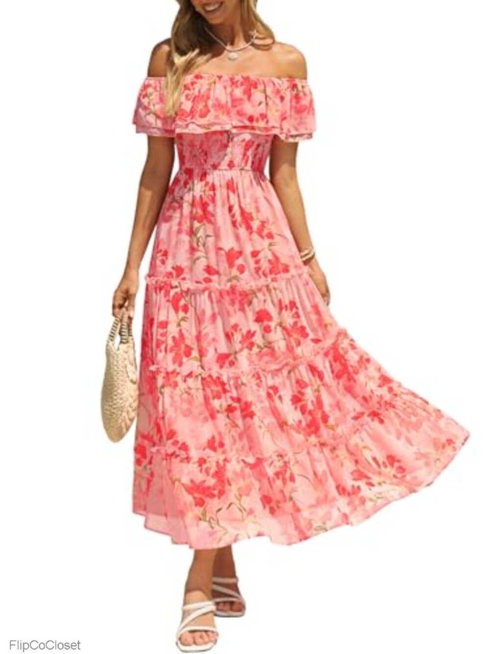 Ruffle Off Shoulder Floral Maxi Dress Smocked Tiered Beach Wedding Guest